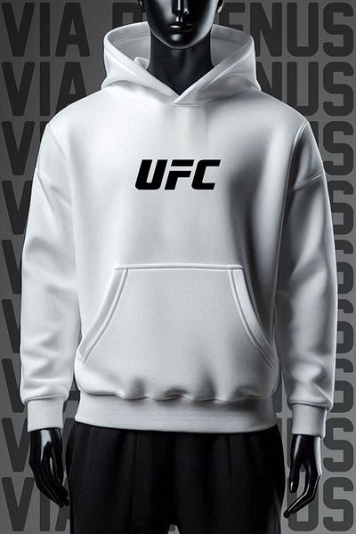 Vordevia Ufc 3 Thread White Hooded Wide Fit Sweatshirt - Front and Back Printed