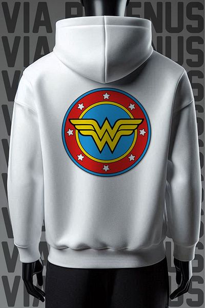 Vordevia Φούτερ με μοτίβο Wonder Woman - Λευκή κουκούλα με φαρδιά εφαρμογή με 3 νήματα