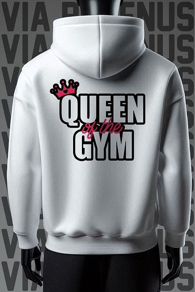 Vordevia Queen of the Gym - Hanorac alb cu glugă cu 3 fire, cu imprimeu în față și în spate