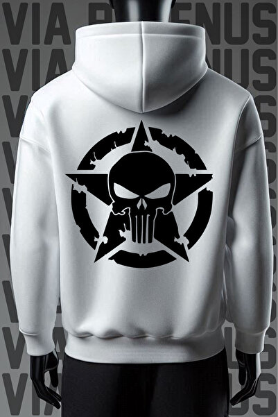 Vordevia Hanorac alb cu glugă Punisher cu 3 fire - Imprimat pe față și pe spate