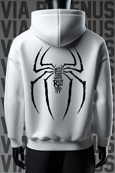 Vordevia Hanorac alb cu glugă, cu imprimeu Spider în față și în spate, cu 3 fire, cu model lat