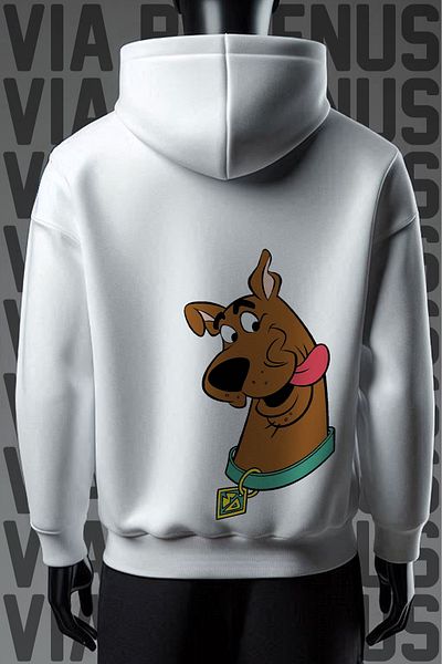 Vordevia Scooby Doo White Hooded Sweatshirt - 3 Thread, Wide Fit, Front and Back Printed