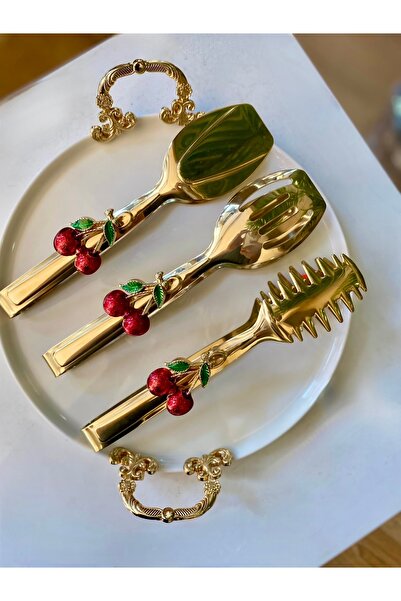 Sillage Home Gold Cherry Stylish Presentation Set - Titanium Plated, Stainless Steel 3-Piece Tongs Set
