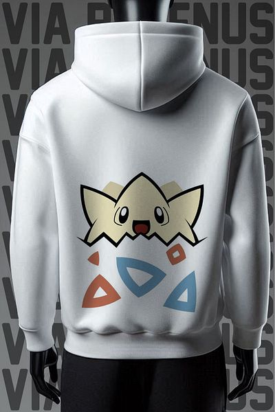 Vordevia Φούτερ Togepi 3 με φαρδιά εφαρμογή με λευκή κουκούλα - Μπροστά και πίσω εμπριμέ