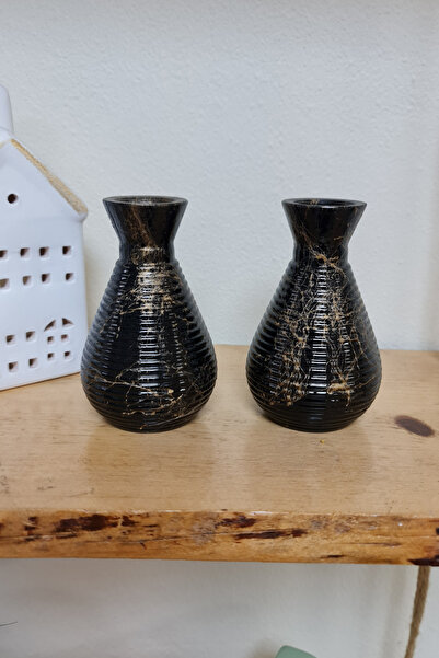 Binbirdemet Vază din sticlă neagră Gold Mini, pachet de 2