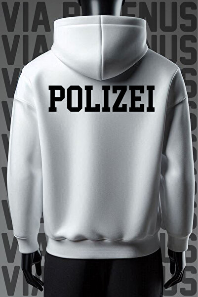 Vordevia Hanorac alb cu glugă, cu imprimeu Polizei în față și în spate, cu 3 fire, cu model larg