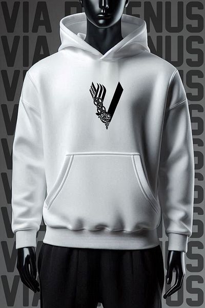 Vordevia Viking Patterned White Hooded Sweatshirt - 3 Thread Wide Fit