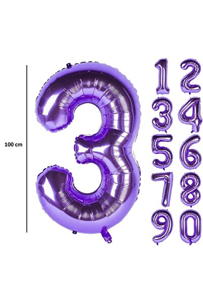 SURPRISE PARTY STORE 3 Rakam Balon Mor Renk Folyo Balon 100cm 40inç Helyum Ba...