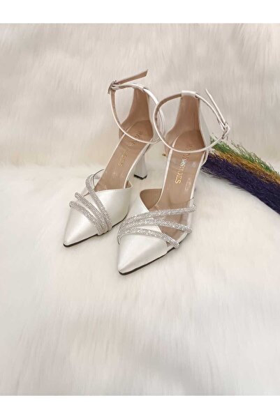 HAVVA SHOES Kadın Sedef Üç Sıra Taşlı Şeffaf Detaylı Bilek Bağlı Gelinlik Aya...