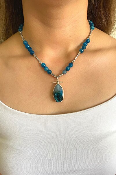 Suerte Accessories 925 Ayar Gümüş Okyanus Akik Ve Hematit Doğal Taşlı El Yapımı Özel Tasarım Doğal Taş Kolye