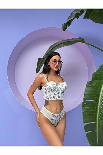 Cansoy Ecru Colored Glittery Floral Patterned Bustier Set - Supported (682T)