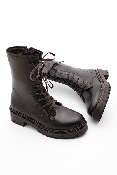 Marjin Γυναικείες μπότες από γνήσιο δέρμα με φερμουάρ και κορδόνια με οδοντωτή σόλα Casual μπότες Kariva Brown