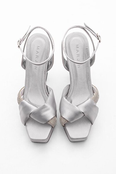 Marjin Dámské kamenné večerní šaty na platformě na podpatku Boty na silném podpatku Pásek ke kotníkům Vanir stříbrný satén