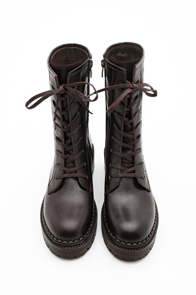 Marjin Γυναικείες μπότες από γνήσιο δέρμα με φερμουάρ και κορδόνια με οδοντωτή σόλα Casual μπότες Kariva Brown