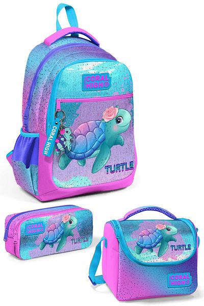 Coral High Set de 3 genți de școală pentru fete primare, roz, albastru, cu model broască țestoasă
