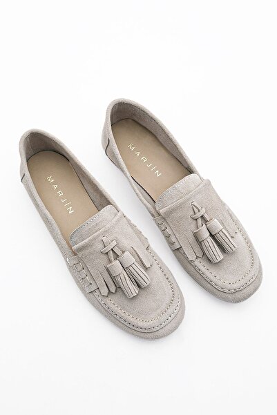 Marjin Women's Genuine Leather Tassel Loafer Casual Shoes Vingo Beige