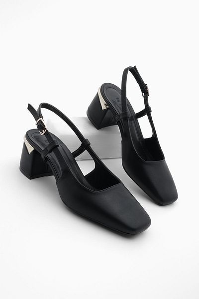 Marjin Women's Thick Heel Open Back Classic Heeled Shoes Likay Black
