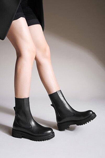 Marjin Dámské boty na denní nošení z pravé kůže Vroubkovaná Silná podešev Elastická boční páska Konra Černá