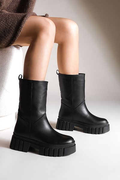 Marjin Damen-Freizeitstiefel aus echtem Leder, dicke, gezackte Sohle, Gasner schwarz