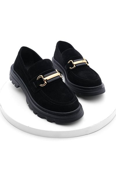 Marjin Women's Loafer Thick Sole Chain Casual Shoes Yones Black Suede
