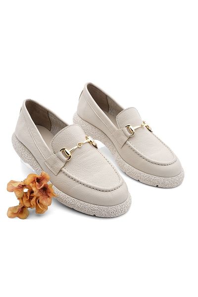 Marjin Women's Buckle Leather Loafer Casual Shoes Runet Beige