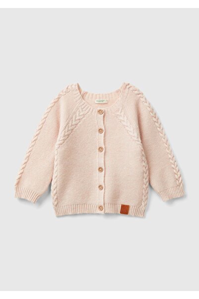 United Colors of Benetton Powder Pink Crew Neck Cardigan - Buttoned and Knitted Detail