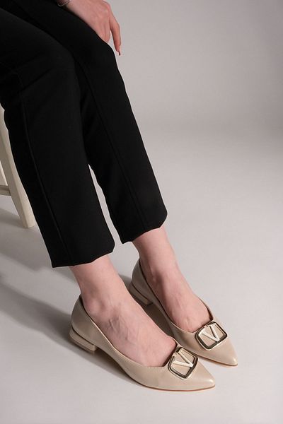 Marjin Women's Pointed Toe Buckle Ballerina Porek Beige