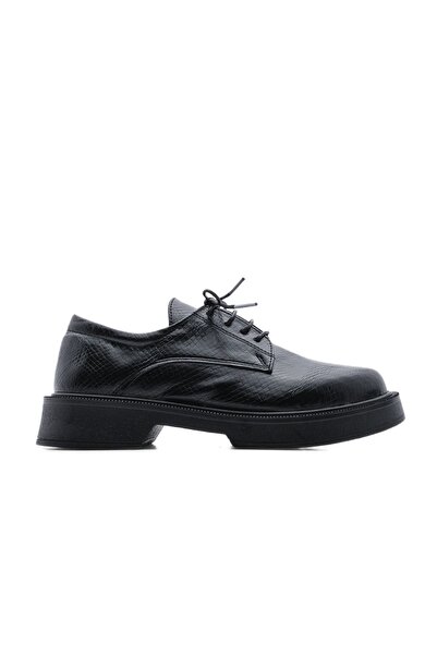 Marjin Women's Oxford Shoes Lace-up Masculine Casual Shoes Tisat Black Snake