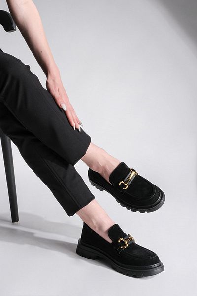 Marjin Women's Loafer Thick Sole Chain Casual Shoes Yones Black Suede