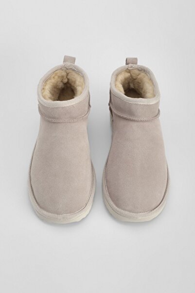 Marjin Women's Genuine Leather Daily Boots with Fur Inside Ankle Boots Mini Size Rolen Beige Suede