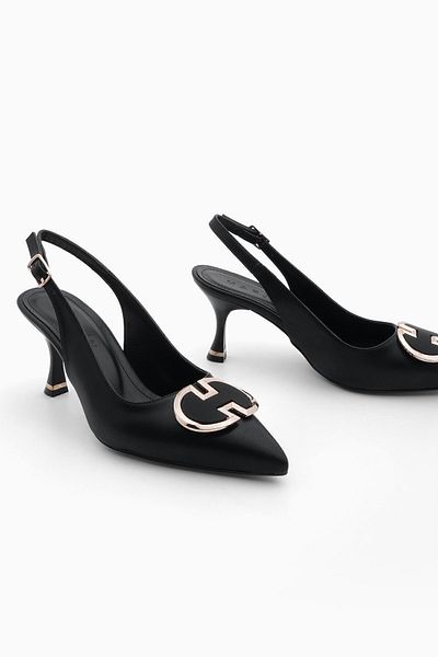 Marjin Women's Pointed Toe Buckle Thin Heel Open Back Classic Heeled Shoes Aver Black