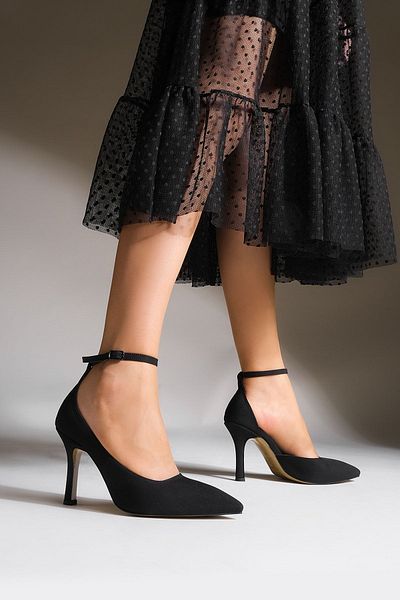 Marjin Women's Stiletto Pointed Toe Ankle Strap Heeled Shoes Yovake Black