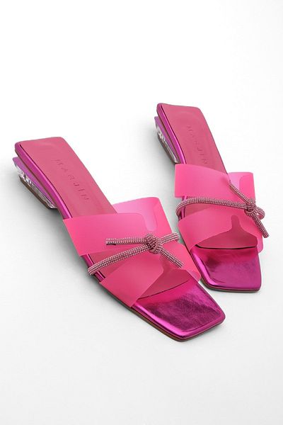 Marjin Damen Hausschuhe mit transparentem Absatz und stumpfer Spitze, mit Steinen besetzt, Ovenla Fuchsia