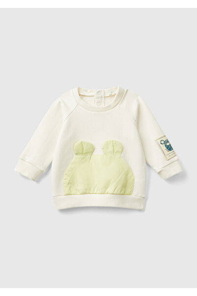 United Colors of Benetton Ecru Baby Sweatshirt - Ohrenverzierung, Geknöpfter Rücken, Rundhalsausschnitt
