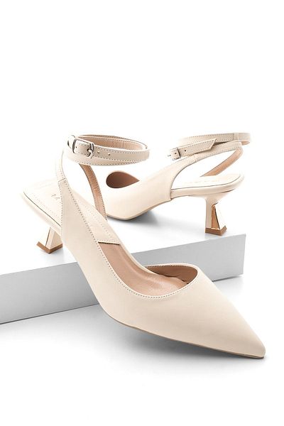 Marjin Damenschuhe mit spitzer Zehenpartie, verspiegeltem Absatz, Stilettoabsatz, Knöchelriemen und Absatz, Posten ecru