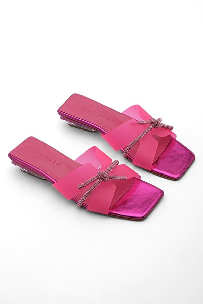 Marjin Dámské Stoned Transparentní pruhovaná transparentní pata Tupá špička Pantofle na podpatku Ovenla Fuchsia