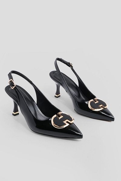 Marjin Women's Pointed Toe Buckle Thin Heel Open Back Classic Heeled Shoes Ever Black Patent Leather