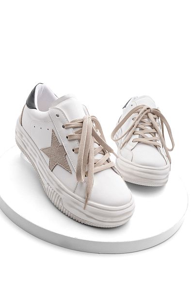 Marjin Women's Sneaker Lace-Up Star Printed Thick Sole Sports Shoes Korisa White