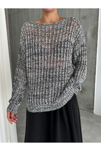 Laluvia Schwarz-ecrufarbener Spitzen-Paillettenpullover mit U-Boot-Ausschnitt-4407