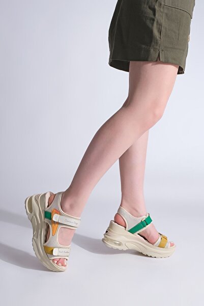 Marjin Asima ECRU - Women's Wedge Heel Daily Sandals with Velcro