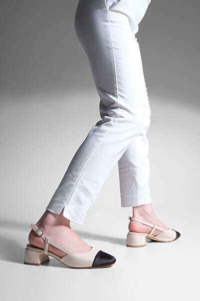 Marjin Women's Hard Hat Square Toe Open Back Short Block Heeled Mary Jane Shoes Sedor Beige