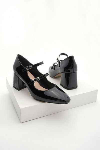 Marjin Women's Thick Heel Double Strap Classic Heeled Shoes Asney Black Patent Leather