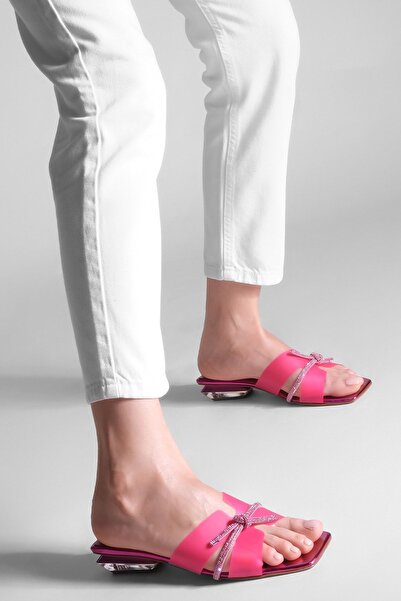 Marjin Dámské Stoned Transparentní pruhovaná transparentní pata Tupá špička Pantofle na podpatku Ovenla Fuchsia