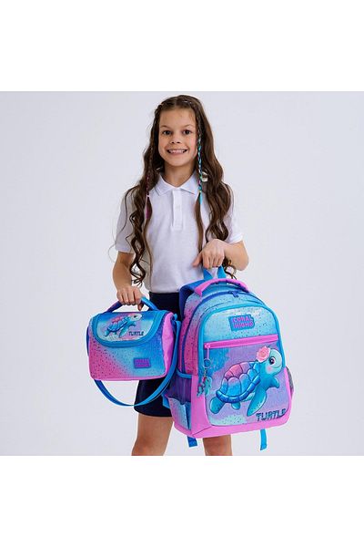 Coral High Set de 3 genți de școală pentru fete primare, roz, albastru, cu model broască țestoasă