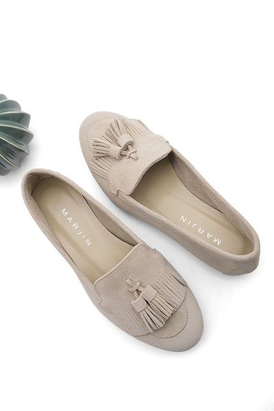 Marjin Women's Loafer Genuine Leather Tasseled Casual Shoes Moccasin Deviz Beige