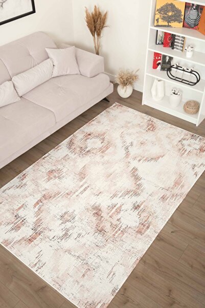 Serente Home Abstract Desenli Yıkanabilir Kaymaz Taban Krem Kiremit Şönil Ant...