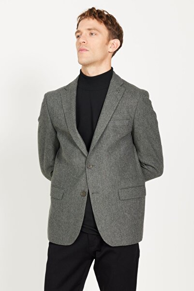 ALTINYILDIZ CLASSICS Erkek Haki Slim Fit Dar Kesim Mono Yaka Yünlü Ceket