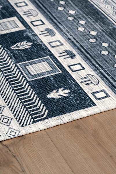 Serente Home İskandinav Desenli Yıkanabilir Kaymaz Taban Mavi Şönil Antre Halısı 4078