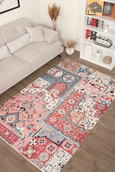 Serente Home Retro Desenli Yıkanabilir Kaymaz Taban Kırmızı Şönil Mutfak Halı...