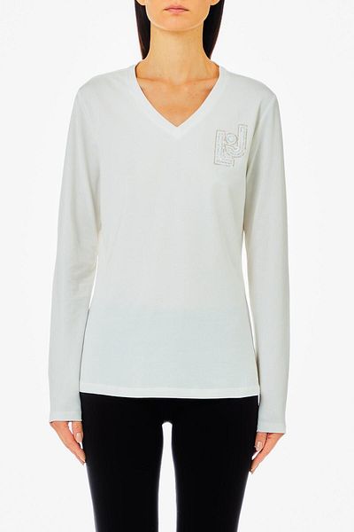 Liu Jo Λευκό T-Shirt με λαιμόκοψη - Λεπτομέρεια με λογότυπο, TF4211JS088-N9597